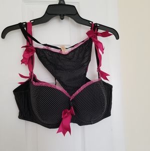 Cacique Black Pinstripe Bra with Pink Bow Accents
